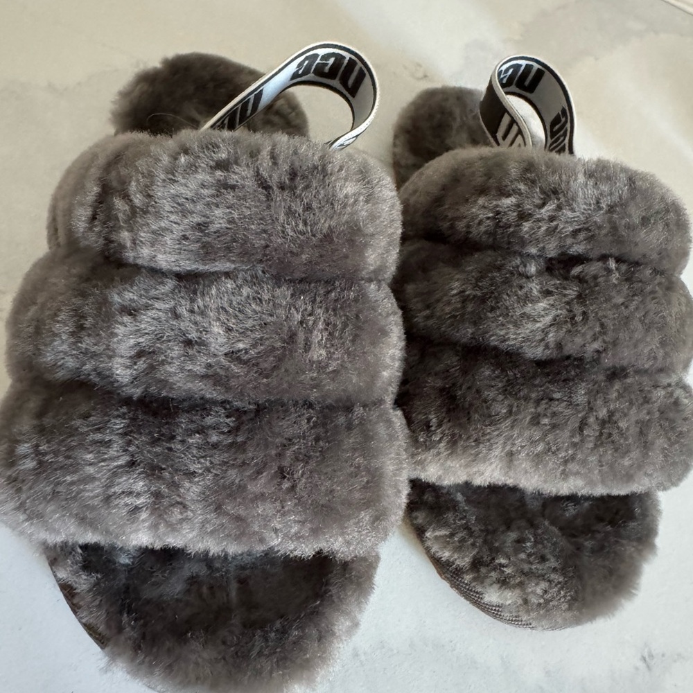 UGG Kids Charcoal Furry Slippers